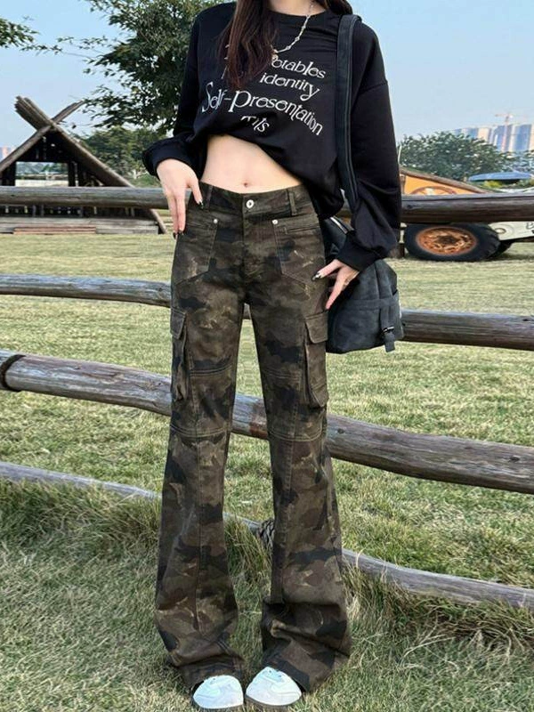 Американские чистые fit bootcut камуфляж джинсы для мужчин и женщин, дизайн с множеством карманов, повседневные штаны верхнего класса