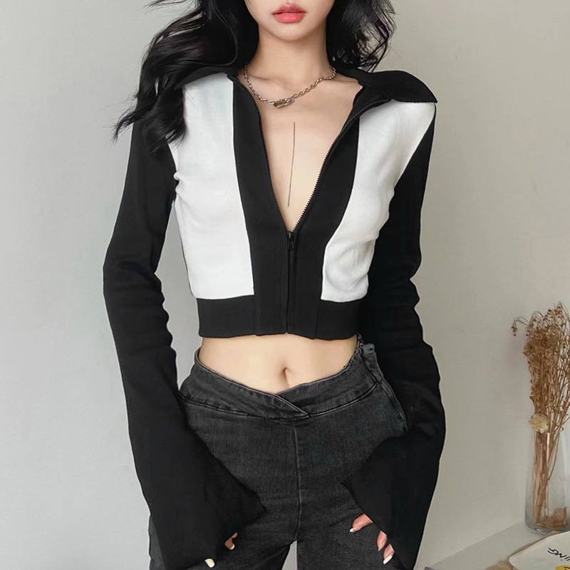 long-sleeved lapel slim color contrast zipper crop jacket NSCOK137897