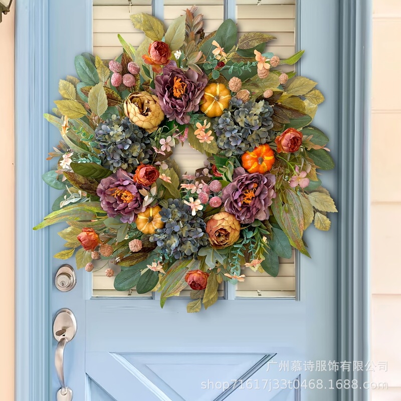 秋季南瓜花环门挂牡丹绣球仿真跨境亚马逊藤圈感恩节Fall Wreaths|undefined