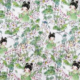 纯棉布料中式双层纱布手工服装裙子棉布中国风全棉面料鲜花仕女图