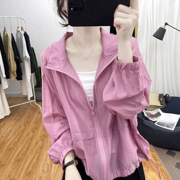 Áo chống nắng cổ đứng nữ dáng rộng, chất liệu nhẹ thoáng khí, chống tia UV — Hồng