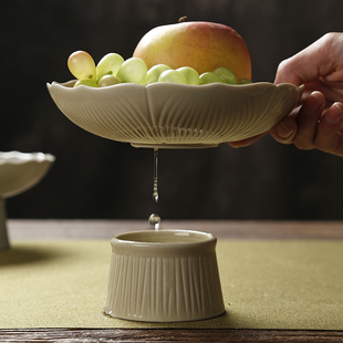 Drainable Ceramic High Foot Tall Plate Dim Sum Refreshment Plate Dried Fruit Japanese-style Fruit Plate Chinese-style Tray for Buddha Wang Jin