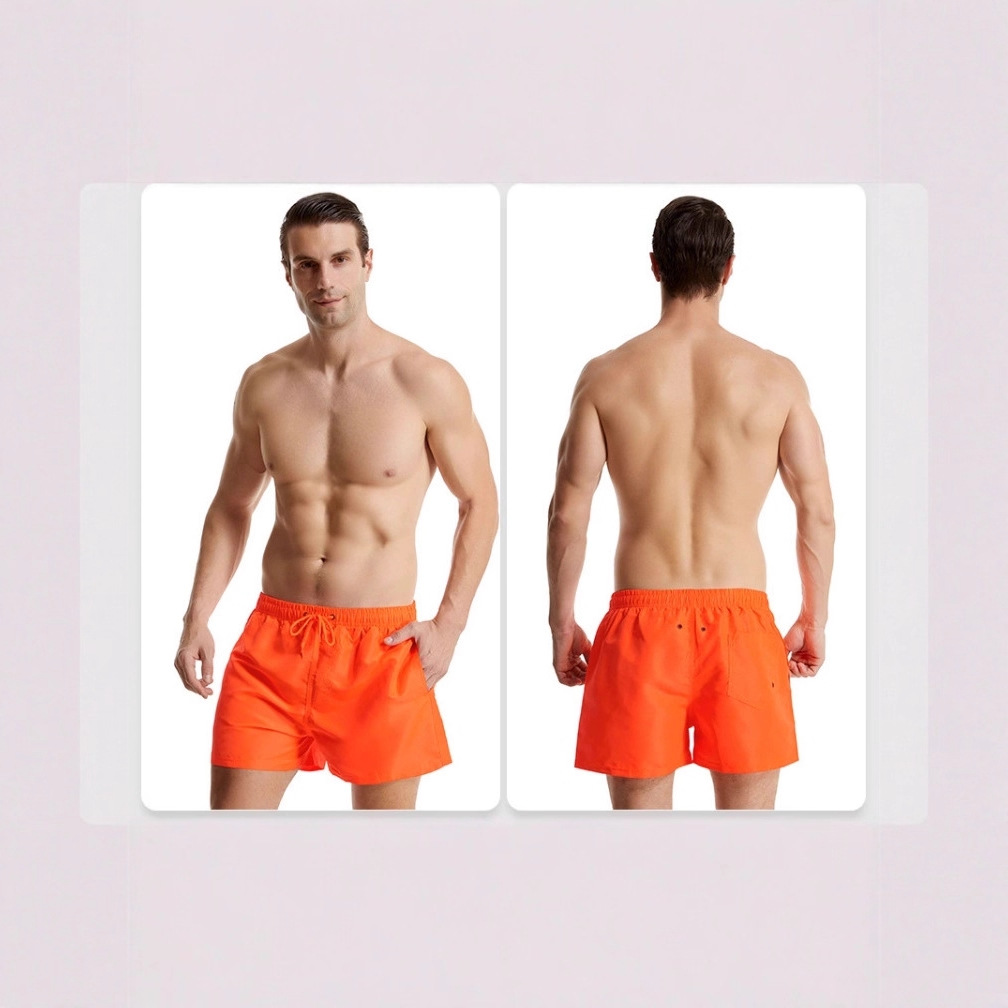 Polyester Fiber Quarter-Length Beach Shorts for Men, Five-Point Swim Trunks with Lining, Sporty Trendy Design with Multiple Pockets