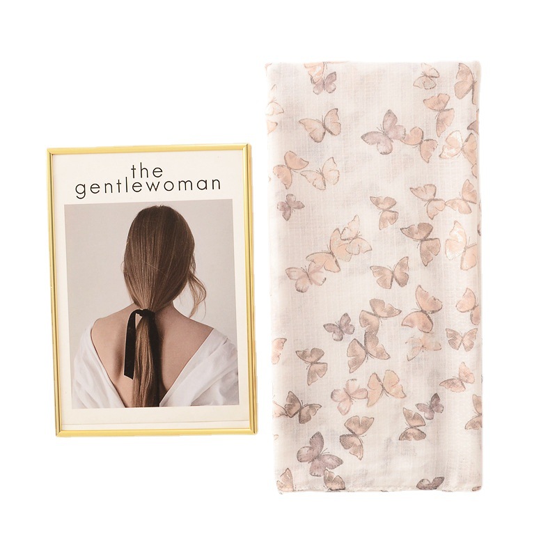 Fresco fino algodón y lino sensación bufanda elegante rosa claro mariposa plata caliente curling chal decorativo protector solar femenino Toalla de playa