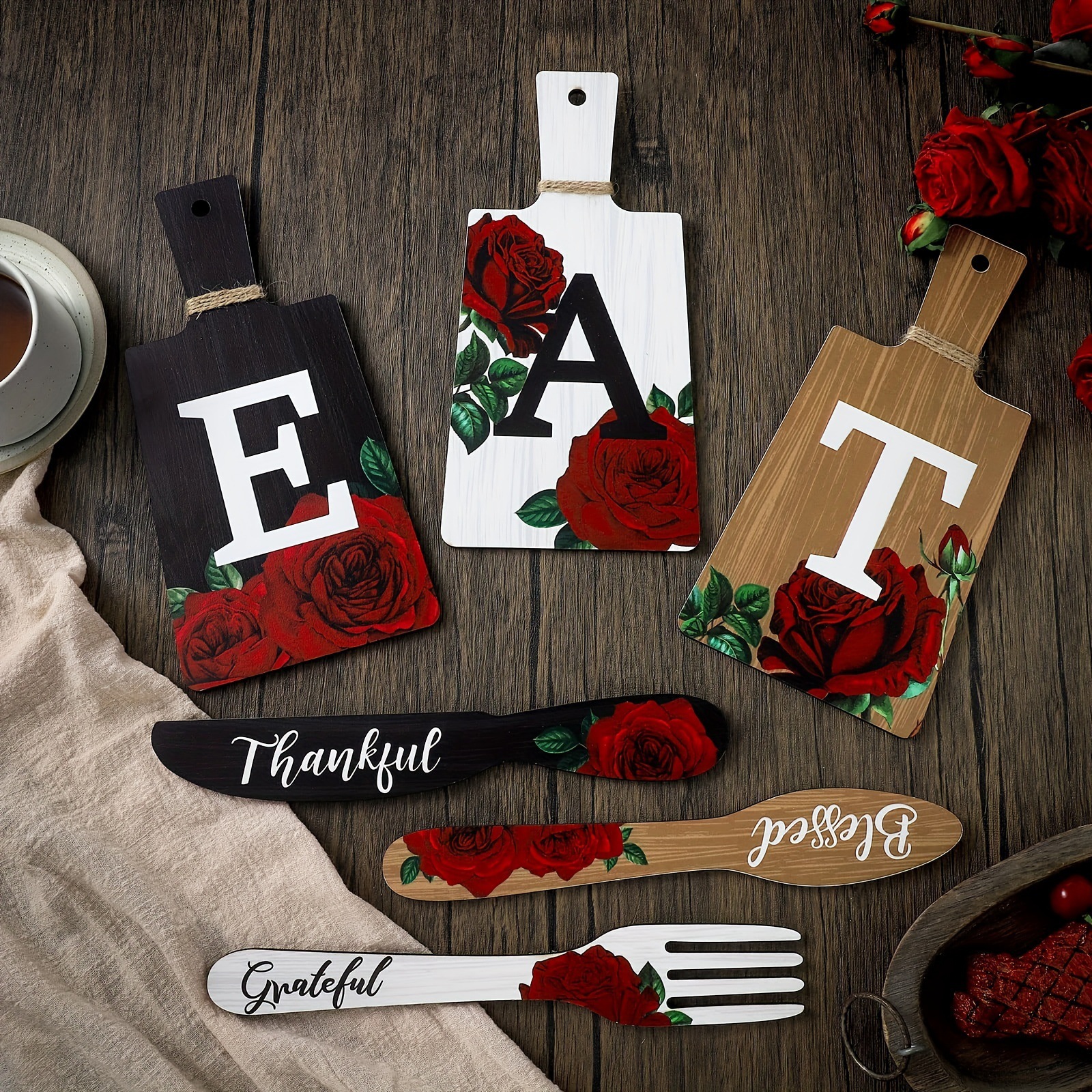 Decoración de la pared cuchillo y tenedor de madera decoración del hogar colgante de madera placa de café colgante decoración de la pared