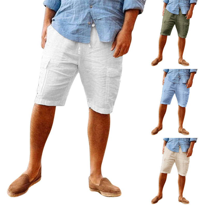 9Amazon Men's Spring and Summer Casual Vacation Beach Hawaiian Solid Color Cotton and Linen Multi-Pocket Cargo Shorts
