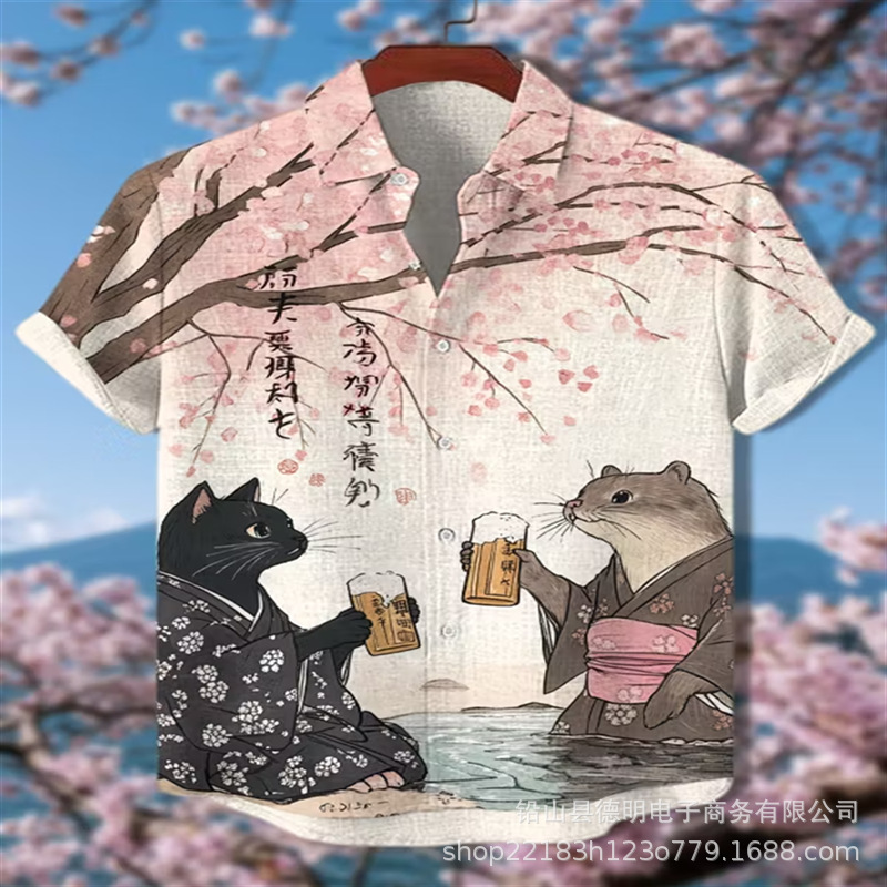 Men's short-sleeve linen shirt, single-breasted, digital print, casual and comfortable