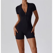 跨境欧美爆款瑜伽连体短袖短裤舞蹈瑜伽跑步运动拉链紧身连体裤