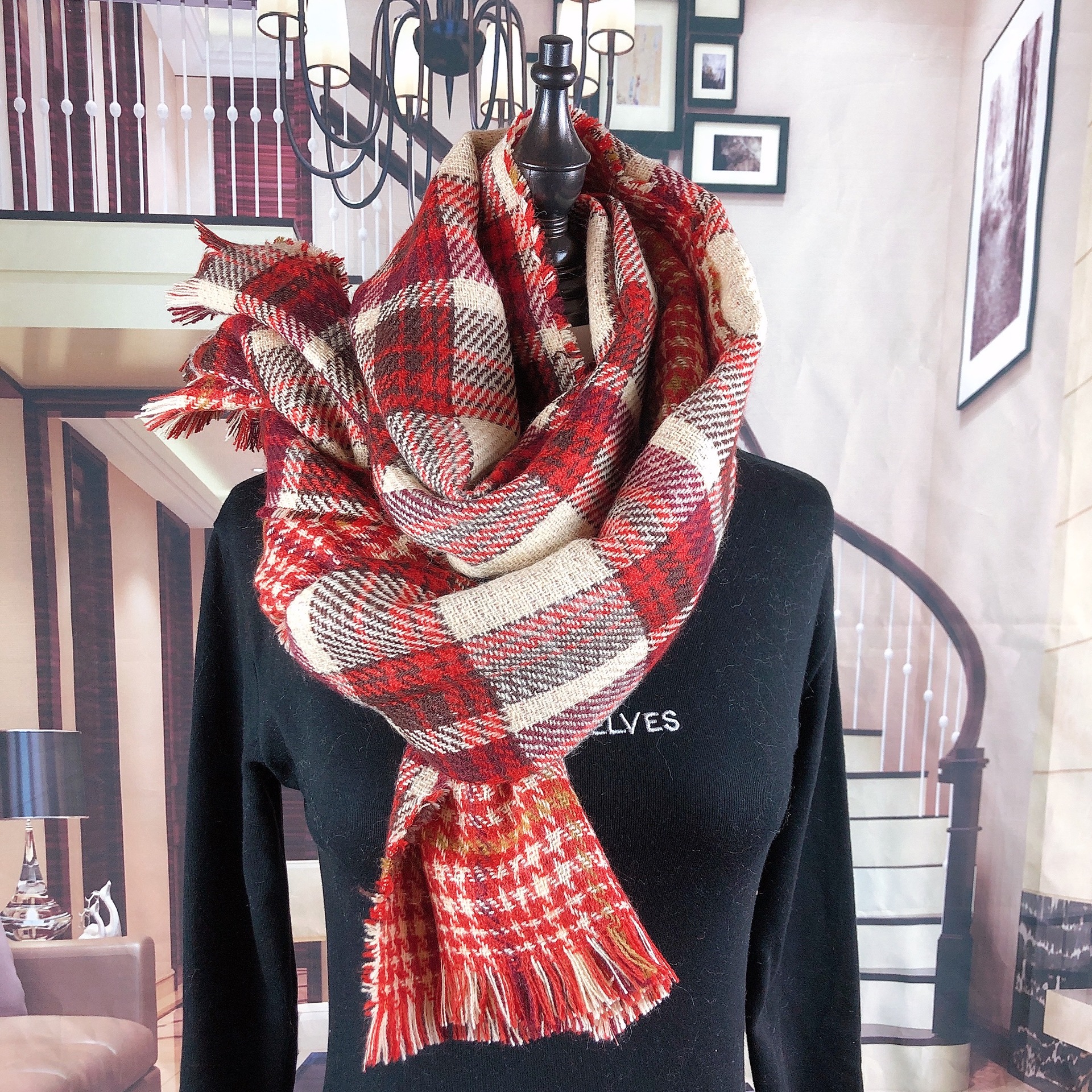 方格红色围巾主图