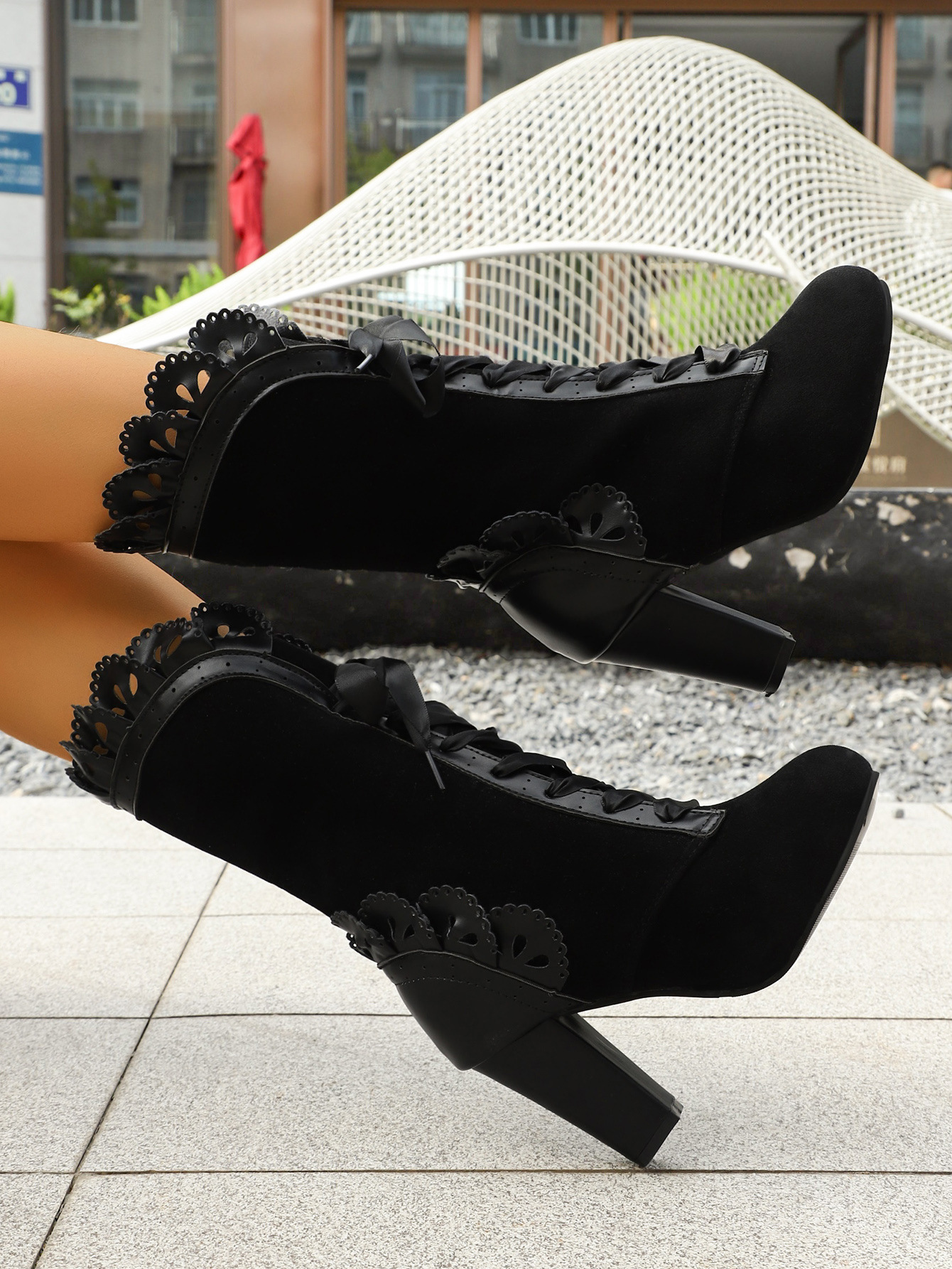 Women's Plus Size Leopard Print Lace Up High Heeled Mid Calf Boots European American Style Chunky Heel Fashion Sexy Autumn_vogvips.com