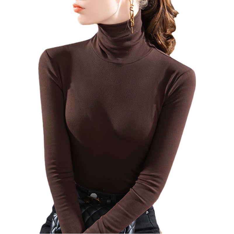 Camisa de fondo de cuello alto para mujer 2022 Otoño e Invierno Nueva Camiseta de manga larga de color sólido con forro polar cálido Cintura interior superior ajustada image 1