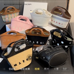 玛尼迷你菜篮子编包夏季小包包拉菲手拎单肩斜挎女包潮棕色黑拼无