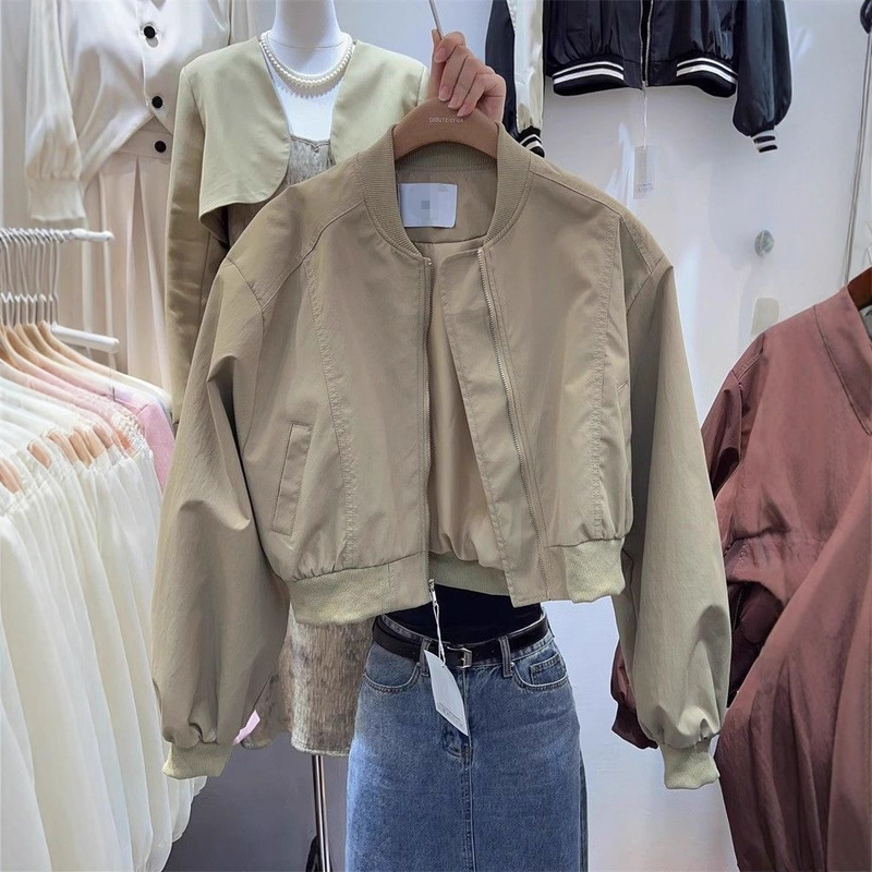 美式街头风棒球服外套女春秋2025年新款复古纯色宽松立领夹克上衣|undefined