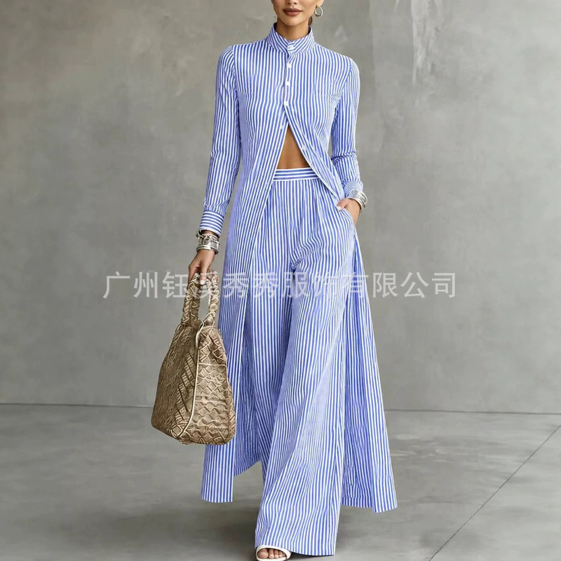 2026 New European and American Cross-Border Women's Clothing Independent Site Amazon Striped Long-Sleeve Casual Elegant Straight-Leg Pants Women's Set