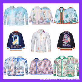 跨境批发 卡萨布兰卡 夏威夷度假风casa球拍长袖休闲百搭轻松衬衫