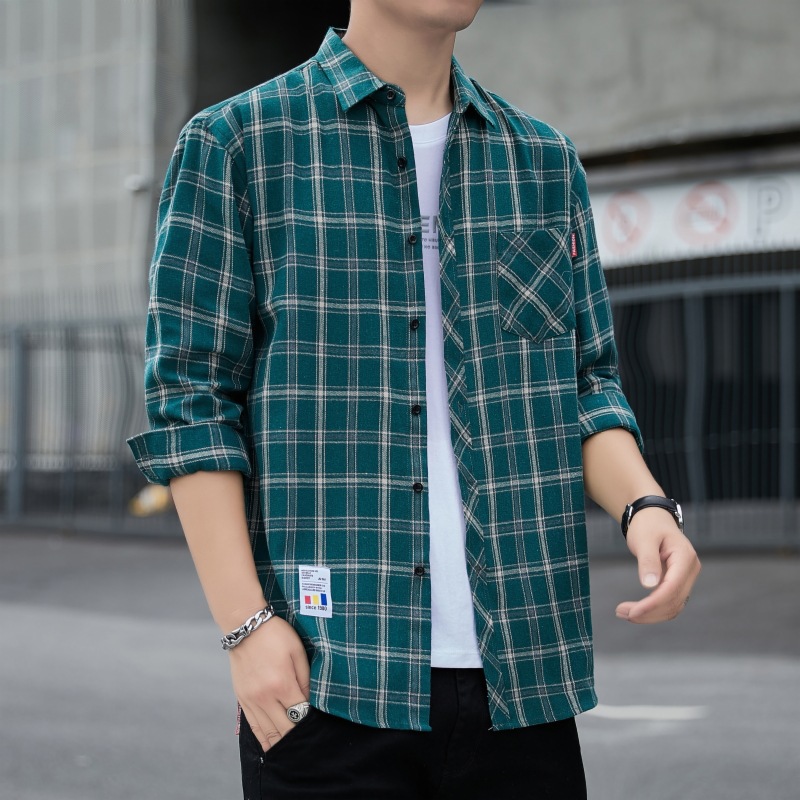 2023 camisa a cuadros suelta de los hombres abrigo de otoño estudiante camisa de manga larga camisa casual de los hombres entrega de una sola pieza