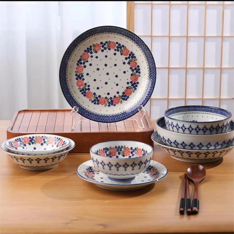 2 PCs [Polish Rose] Japanese Imported Tableware Underglaze Color Fresh Flower Rice Bowl Soup Plate Fruit Dish