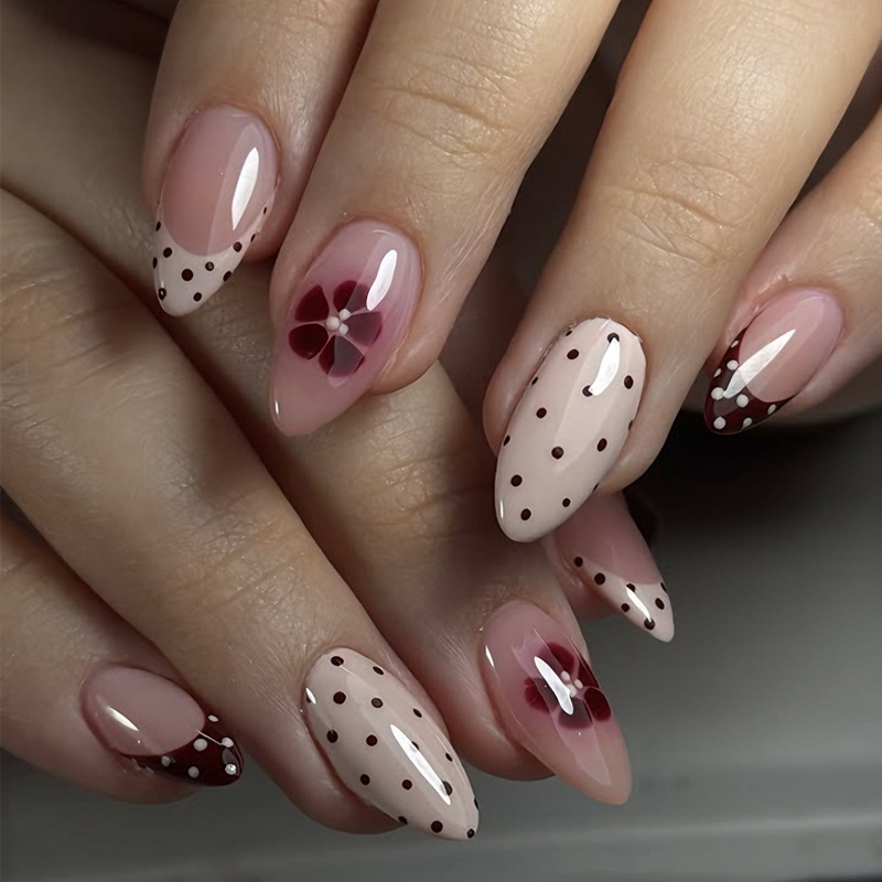 Cross-border foreign trade best-selling wearable nails in almond wine red with gradient cherry blossom polka dots and nude pink, offering a high-end and gentle aesthetic
