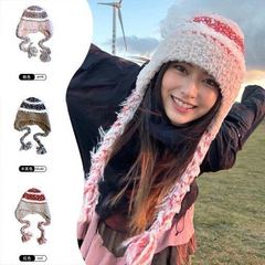川西観光民族風ニット毛糸帽子女性秋冬ストライプ接ぎ耳保護帽子保温防寒草原帽子