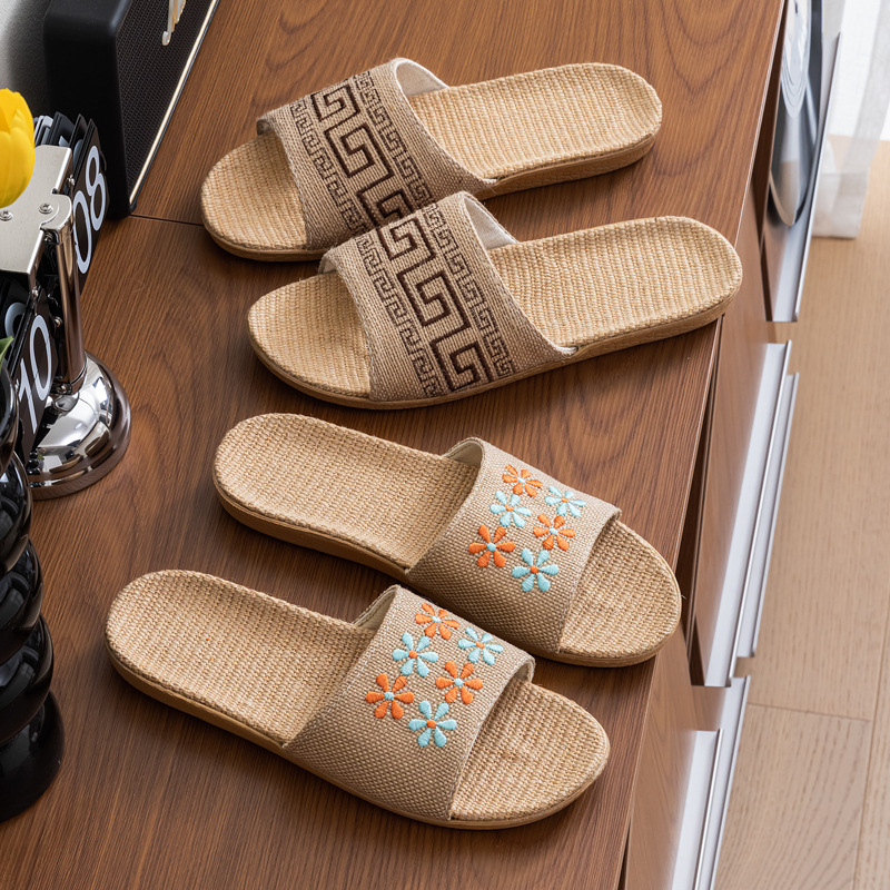 Summer New Style Linen Slippers Female Heavy Industry Embroidered Couple Home Indoor Non-Slip Soft Bottom Home Sandals for Men