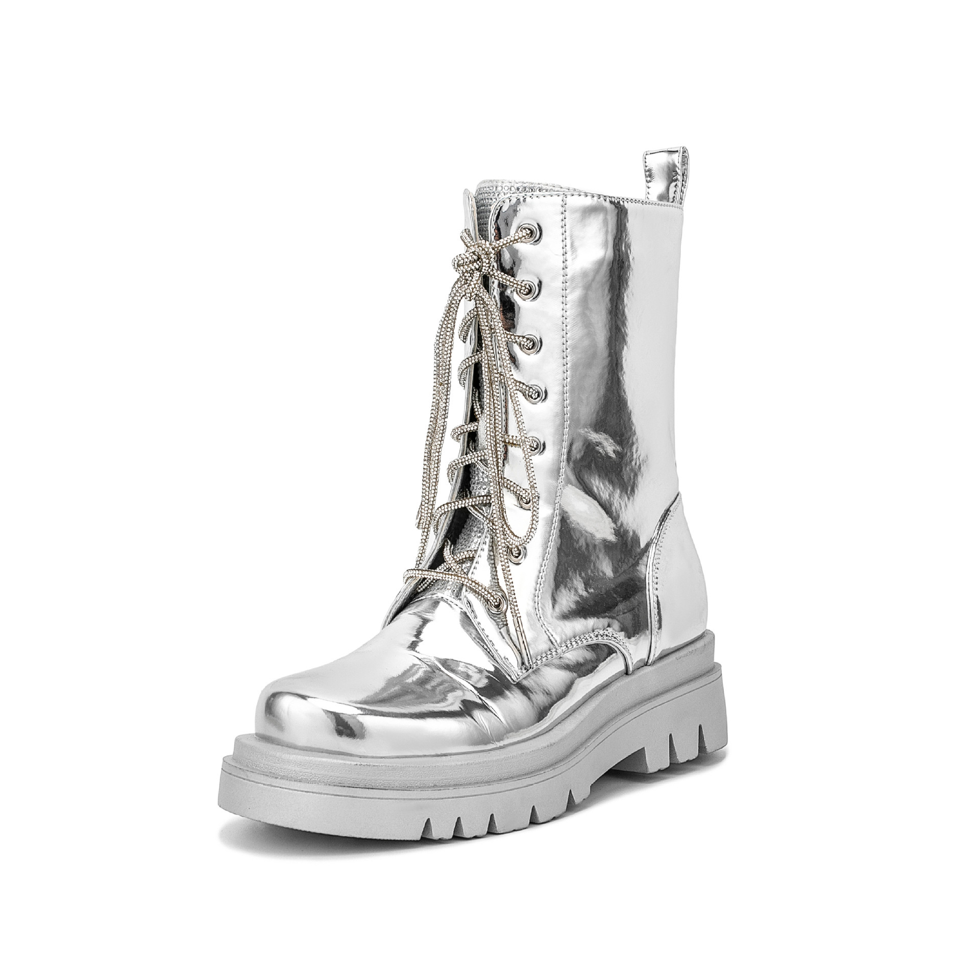 Silver patent leather medium chunky heel plus size platform booties punk boots_voghion.com