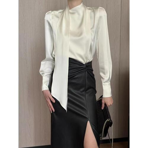 Fashion long-sleeve casual versatile solid color women's autumn and winter high-quality satin shirt in white and black