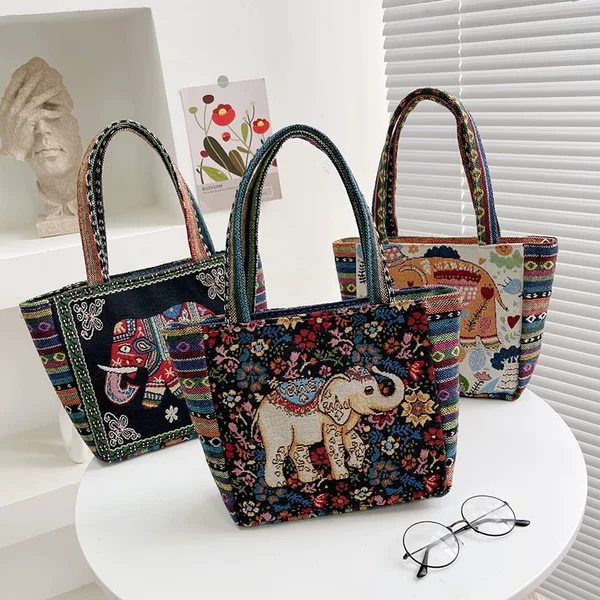 Wholesale Middle-Aged Mom Handbags, Women's Ethnic Style Canvas Bags, New Double-Sided Embroidered Hand-Held Small Square Bags, Women's Bags