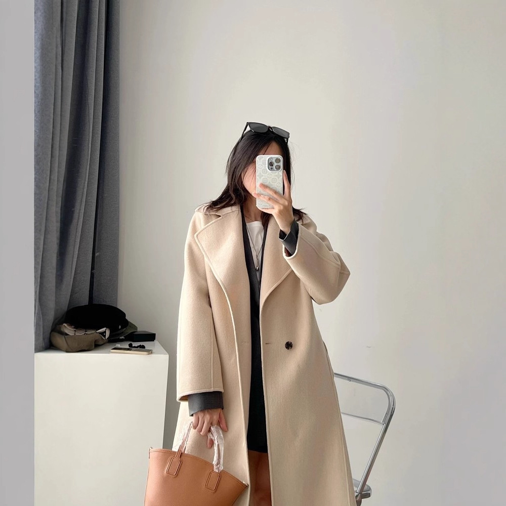 가을과 겨울 새로운 여성 더블 버튼 라이트 컬러 드레이프 실루엣 캐주얼 롱 코트