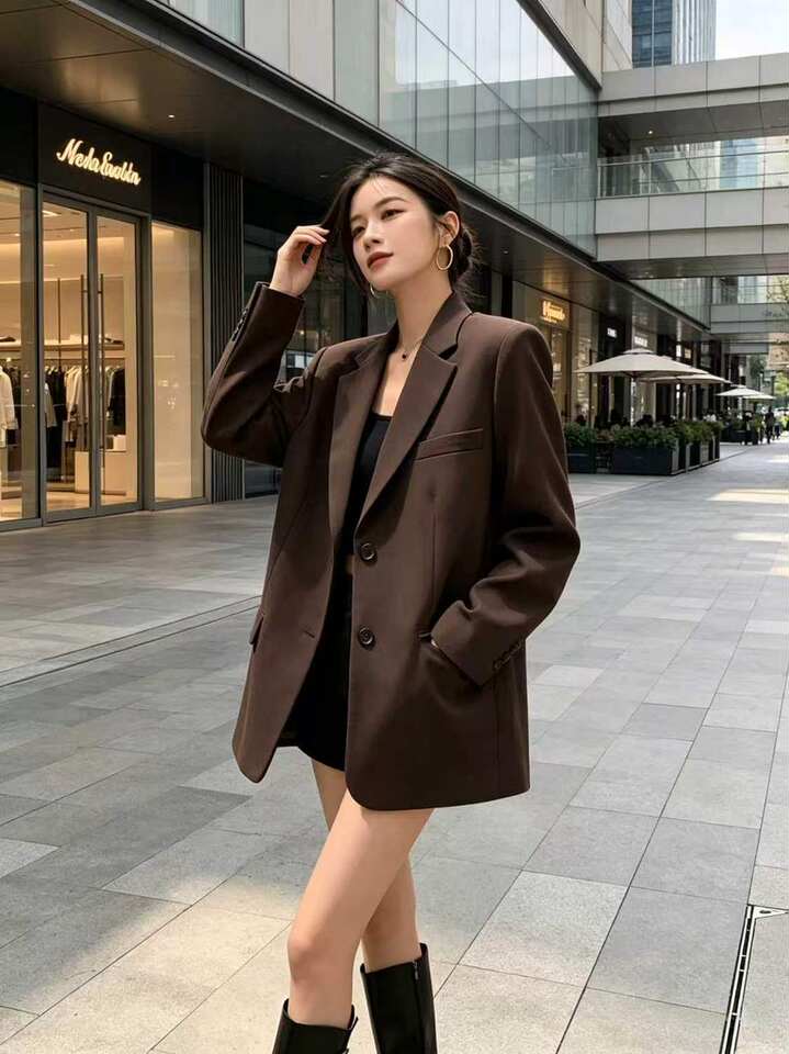 Áo blazer nữ dáng suông cổ vest hai nút tay dài phong cách Hàn Quốc — Màu đen [mẫu chất lượng cao], Nâu, màu xanh đậm, màu xám đậm chi tiết 29