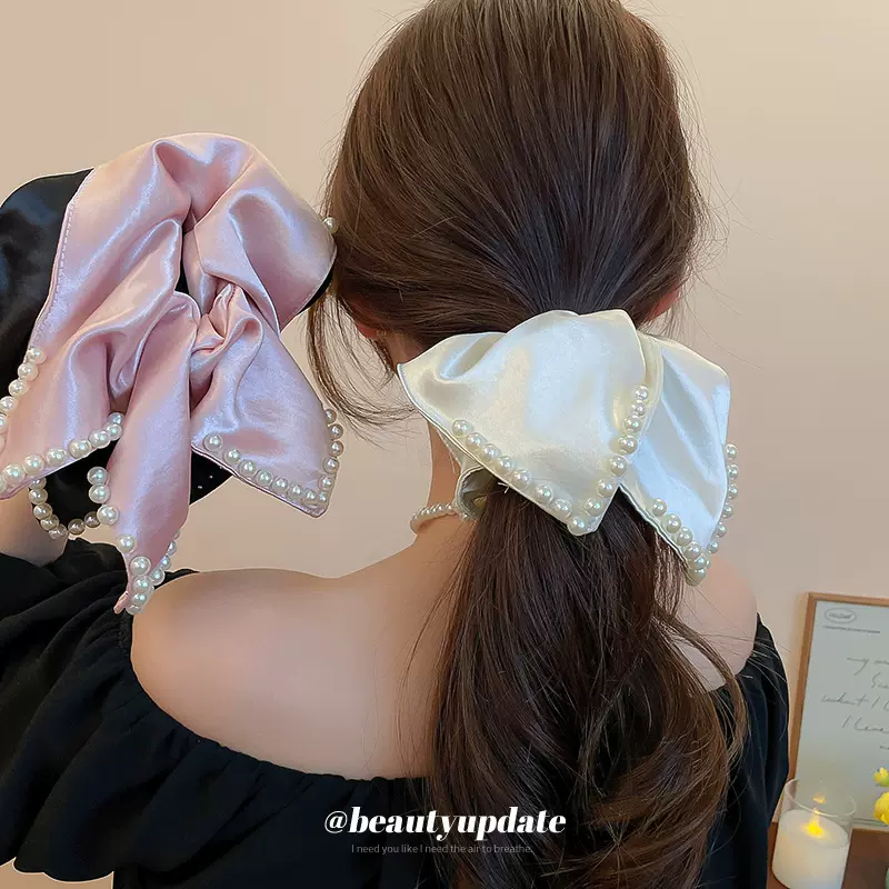 法式优雅布艺珍珠方巾发圈女小众高级感发绳温柔甜美时尚头绳发饰