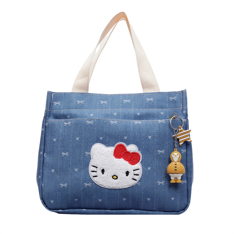 新しいシンプルなデニムブルー KT 猫ハンドバッグ女性の大容量多用途サラリーマンのお出かけ弁当箱ママランチバッグ|undefined