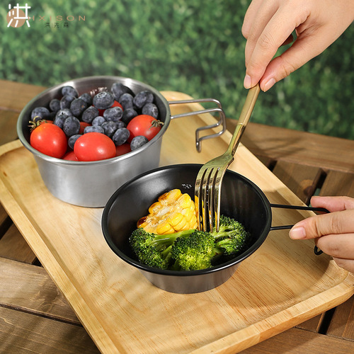 Outdoor snow pull bowl 304 stainless steel lightweight black snow pull bowl camping tableware handle bowl mountaineering camping bowl