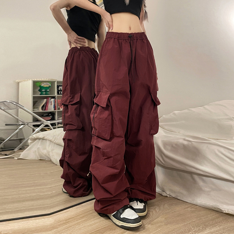 American Retro Work Pants for Women, Spring and Autumn, Loose Fit, Spicy Girl Style, Hip-Hop Street Dance Pants, Functional Drawstring Long Pants