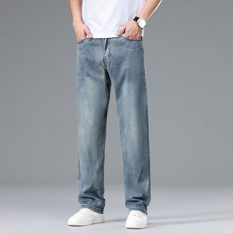 Men's New Spring and Summer Jeans, Thin Tencel Loose Straight-Leg Large Size Versatile Stretch Casual Pants, Trendy Men's Pants