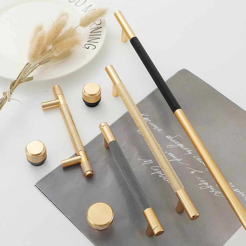 Golden two-color wardrobe door aluminum alloy handle extended gray and black simple light luxury handle Nordic style drawer single hole