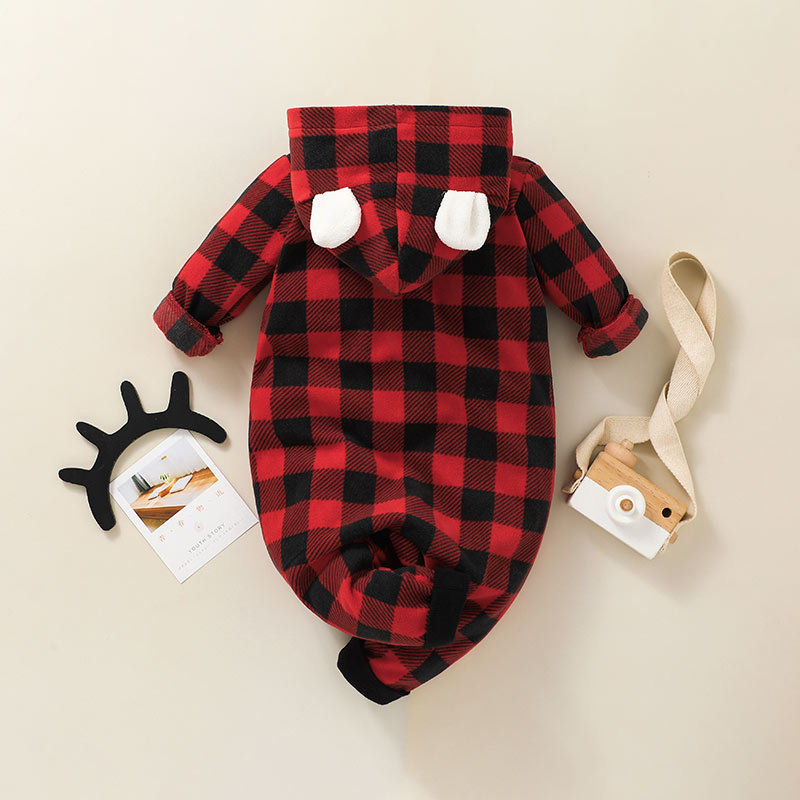 Baby Clothes 2021 Autumn Hooded Zip-up Shirt Outer Romper Children's Clothing Plaid Baby Rompers Jumpsuit display picture 3