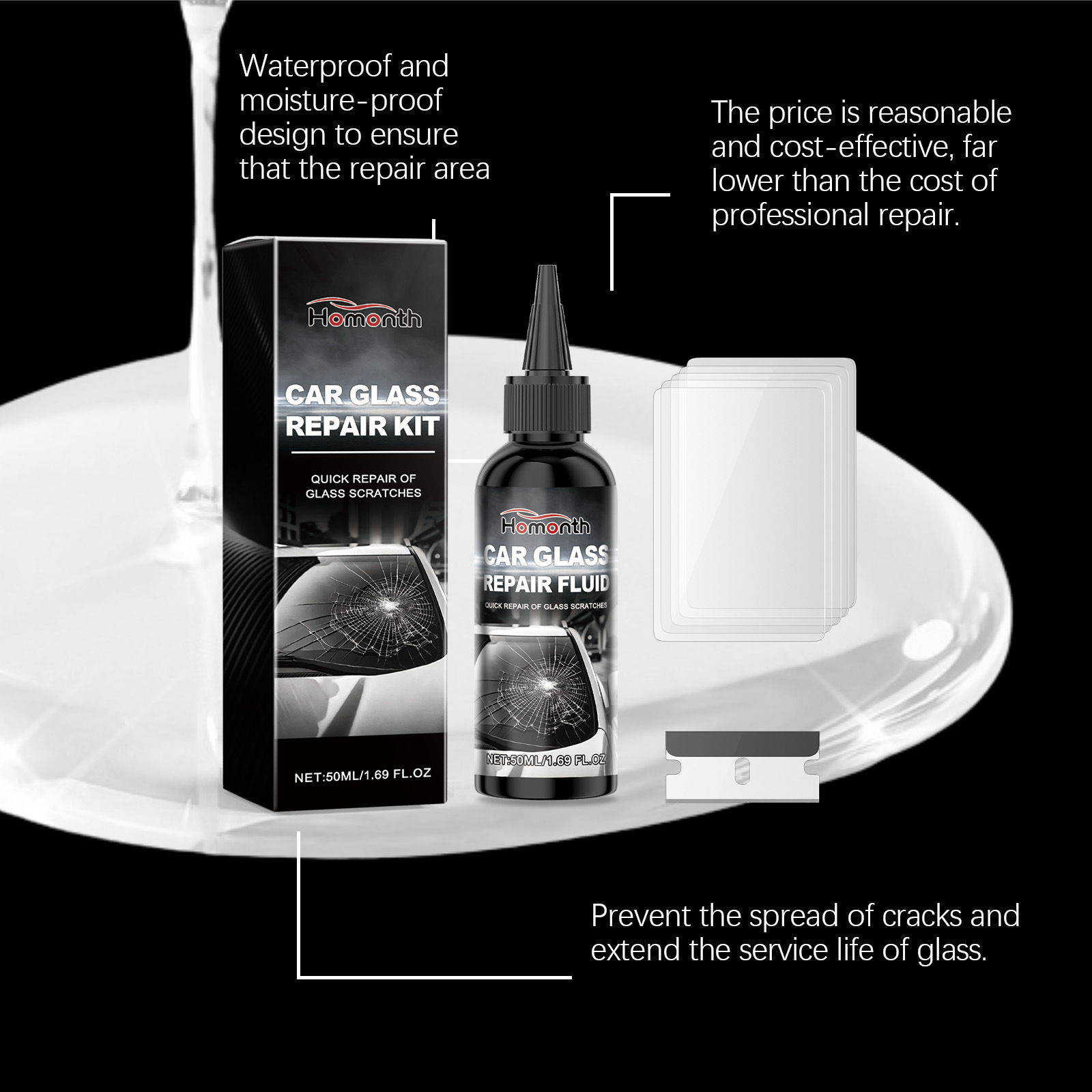 Homonth Car Glass Care Solution Car Windshield Nano Repair Fluid for Clear Vision
