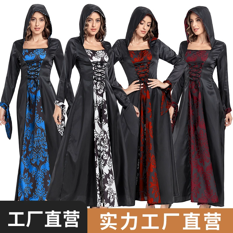 Средневековая одежда, аристократическое дворцовое платье, платье в стиле ретро, европейская и американская ретро-одежда с длинными рукавами и капюшоном для взрослых