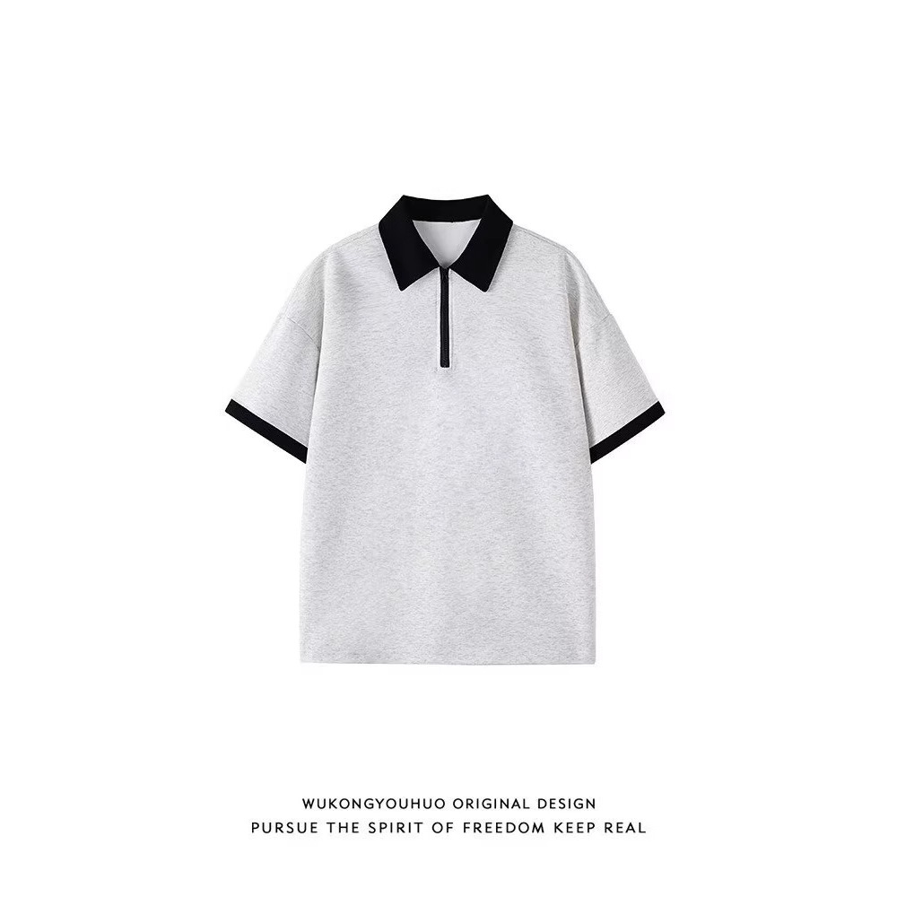 Chemise homme style américain à demi-zip, manches courtes, coupe ample et confortable, col montant._voghion.com