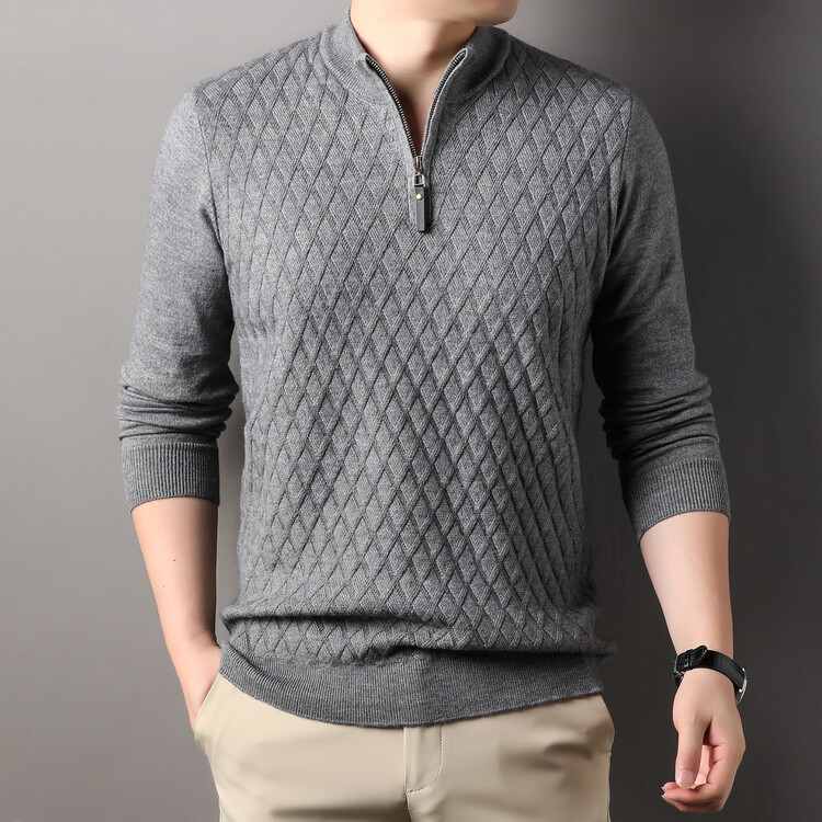 Camisas de punto Amazon primavera y otoño nuevos hombres de cuello medio alto con cremallera de manga larga de color sólido suéter de hombre