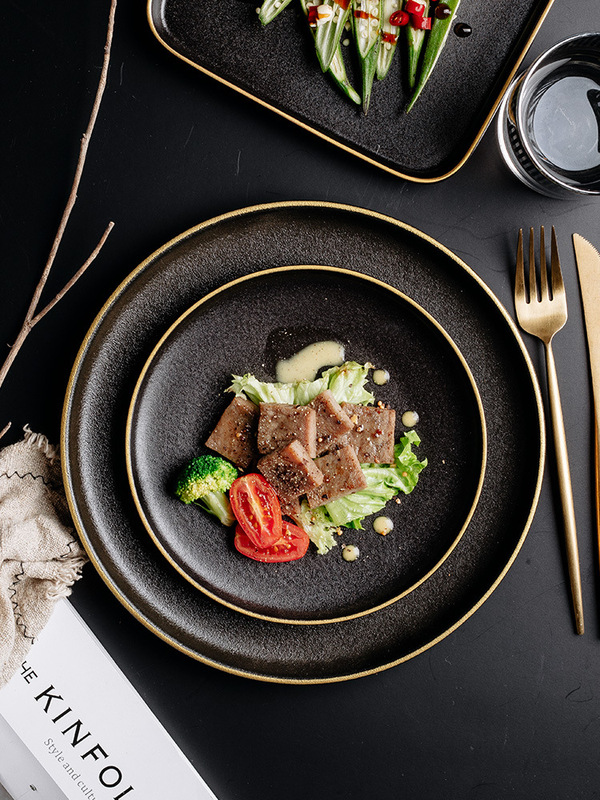 Gold-Rimmed Ceramic Plate Steak Dinner Plate Pasta Plate Western Dinner Plate Black Frosted Plate Fruit Plate Round Plate Breakfast L^