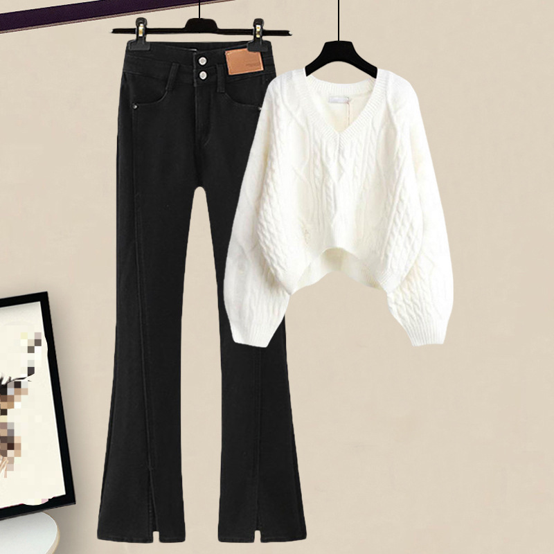 跨境春秋小个子女装穿搭开叉裤子牛仔裤春秋套装2024年新款女秋两