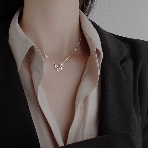 Hollow Butterfly Diamond Necklace Women's Ins Trend Internet Celebrity Temperament Clavicle Chain Niche Design Simple Forest Necklace