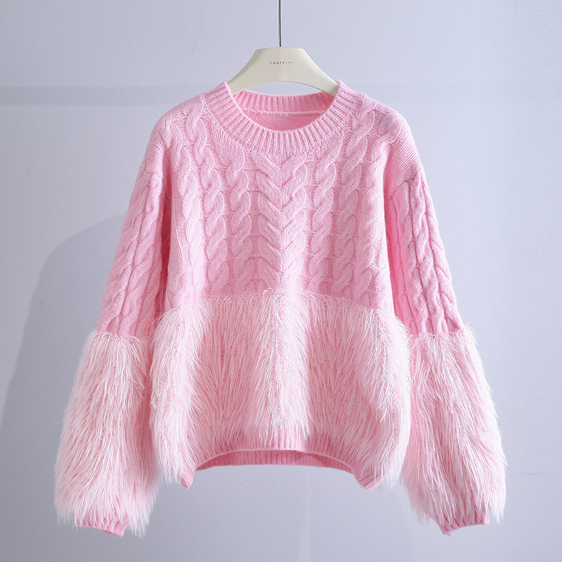Pull ample de niche de conception de vêtements pour femmes, pull en vison avec haut à pompon, pull en tricot torsadé_voghion.com