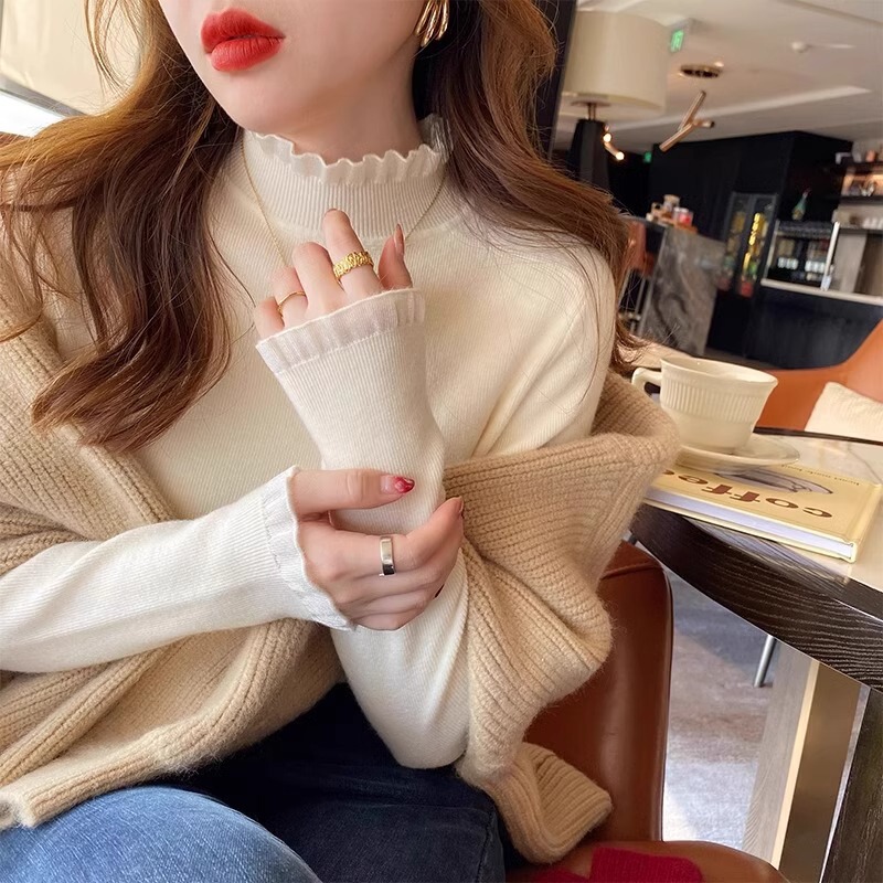 One-piece delivery fleece-lined thickened half turtleneck undershirt women's autumn and winter long-sleeved knitted top lace edge sweater