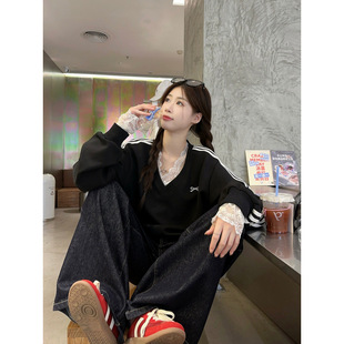 2024 Black Three Bar Bow Sweatshirt Lace Long Sleeve Sweater Wide Leg Jeans suit