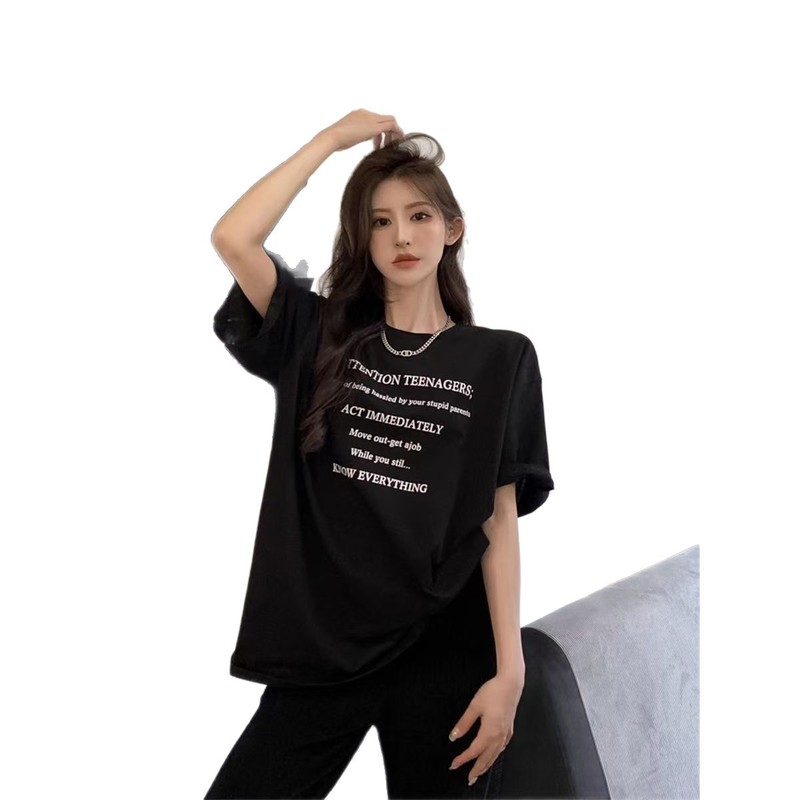レタープリント半袖レディース夏新作香港風Tシャツカジュアルゆったりアイスシルク涼感トップスアイスシルク風|undefined