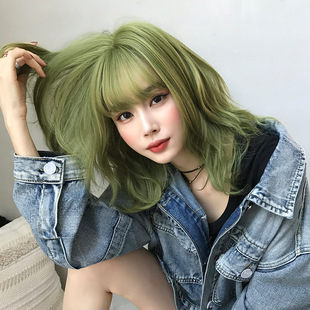 Wig Women's Medium and Long Curly Hair Matcha Green Strapless Bangs Full Top Hair Set Fashionable Internet Popular New Style Medium and Long Shoulder Hair Cover