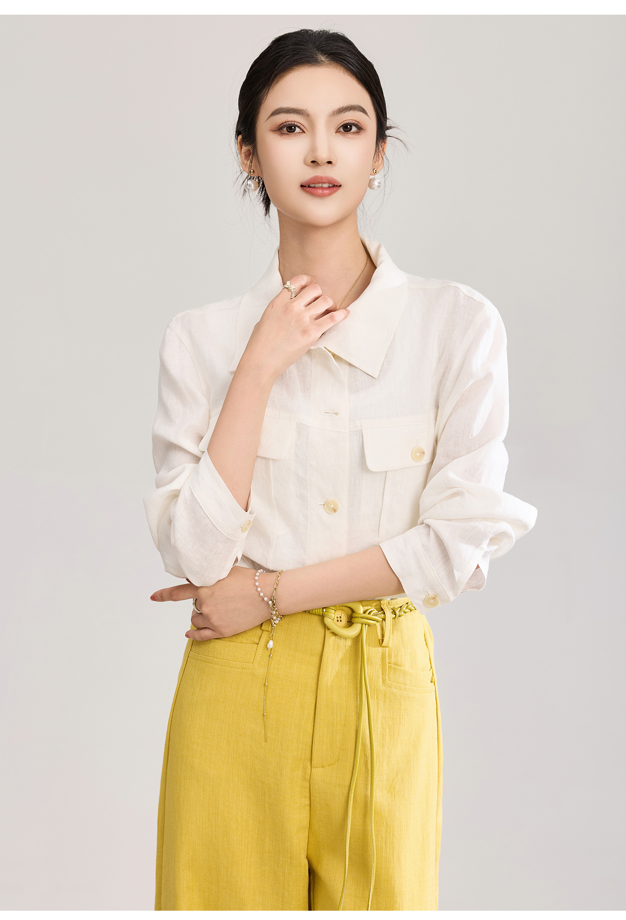 Áo sơ mi nữ linen phong cách Old Money hai túi xếp ly kiểu công nhân — màu cam chi tiết 14