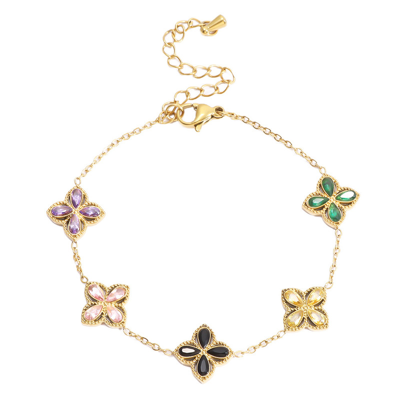 ヨーロッパとアメリカのクロスボーダー四つ葉の花ジルコンブレスレットステンレス鋼の新しいブレスレット女性のファッションライト高級フラワーエメラルドブレスレット|undefined